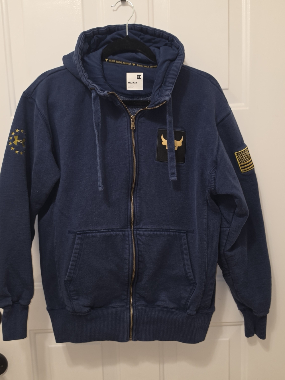 Under Armour Project Rock Full Zip Hoodie Men's Medium Navy Fleece USA Flag Brah